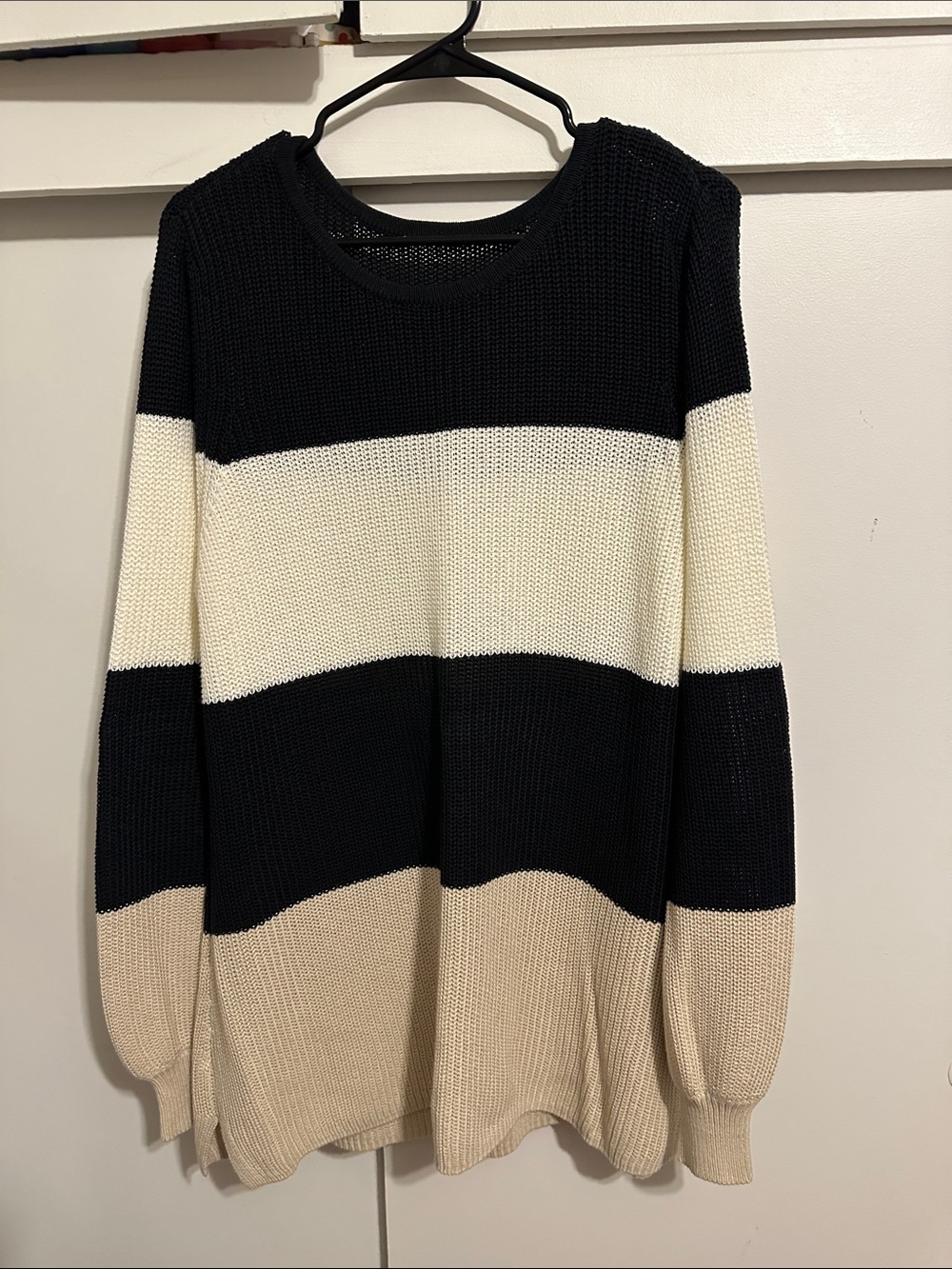 NEW BELLE by Kim Gravel Women's Black, Cream & Tan Striped Knit Sweater